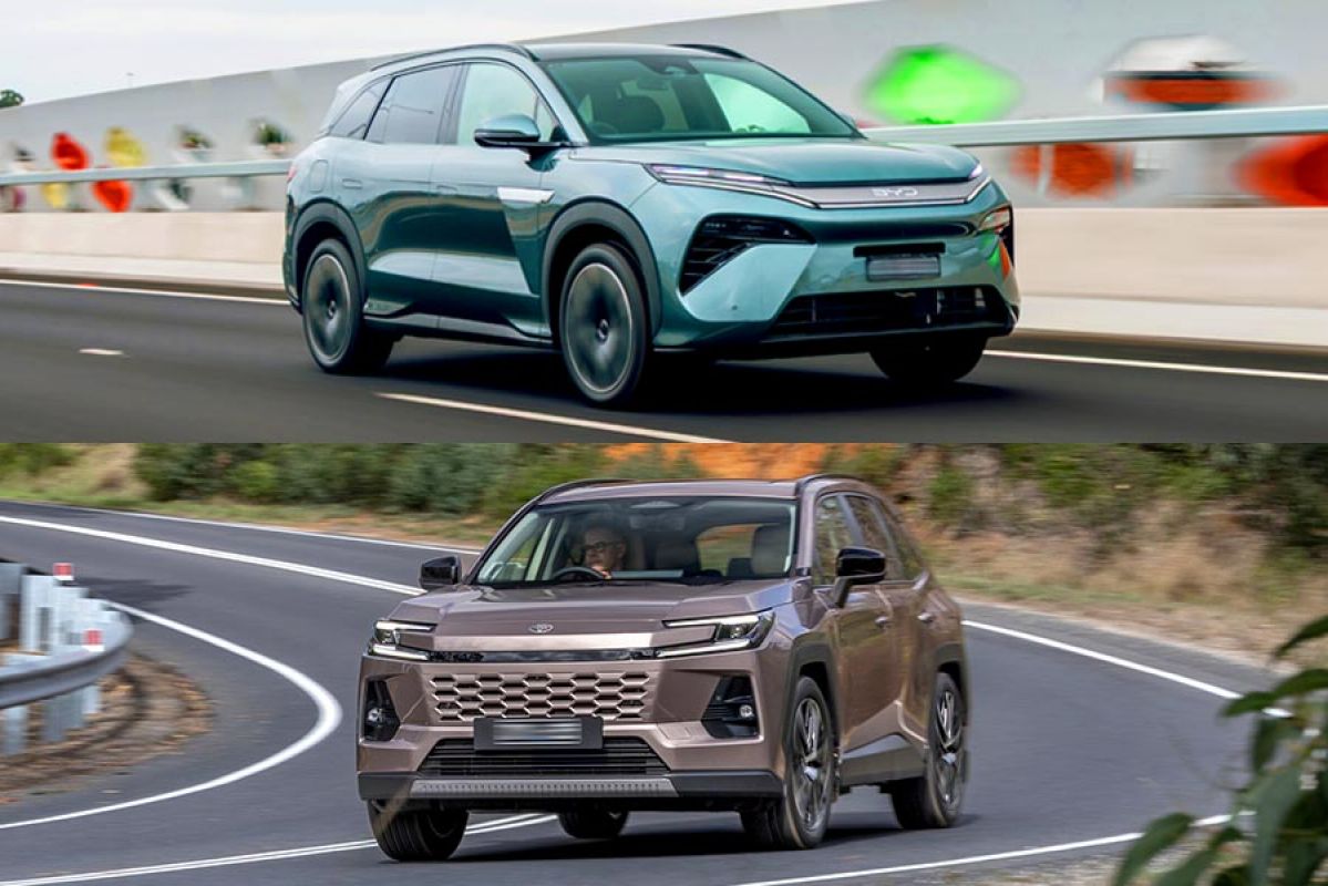Split screen image of green metallic BYD Sealion 8 large SUV on arterial road next to bronze Toyota RAV4 medium SUV rounding corner on high-banked bitumen road.